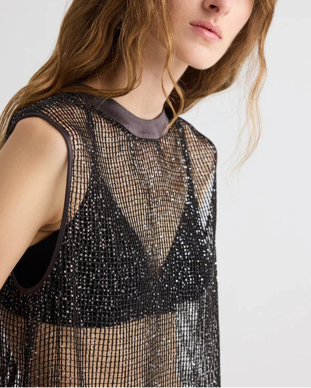 TWP short muscle tank sequin brown on figure detail