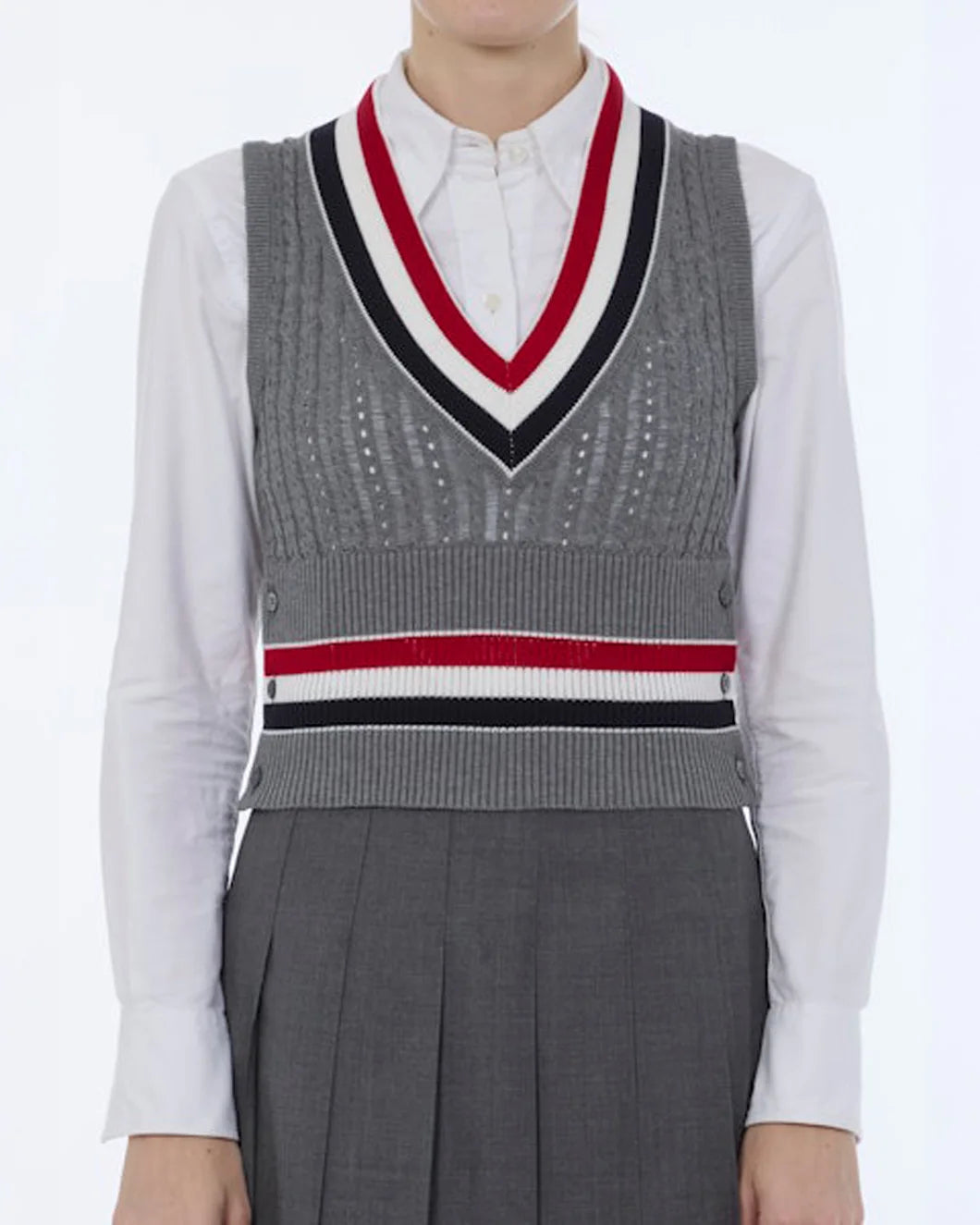 Thom Browne Baby Ladder Cable V-Neck Vest on figure front
