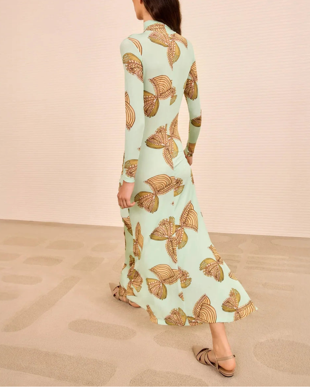 ULLA JOHNSON LS ruched turtleneck dress water blossoms on figure back