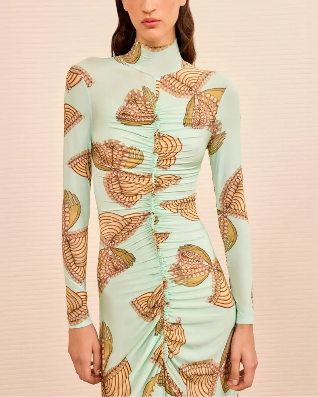 ULLA JOHNSON LS ruched turtleneck dress water blossoms on figure front