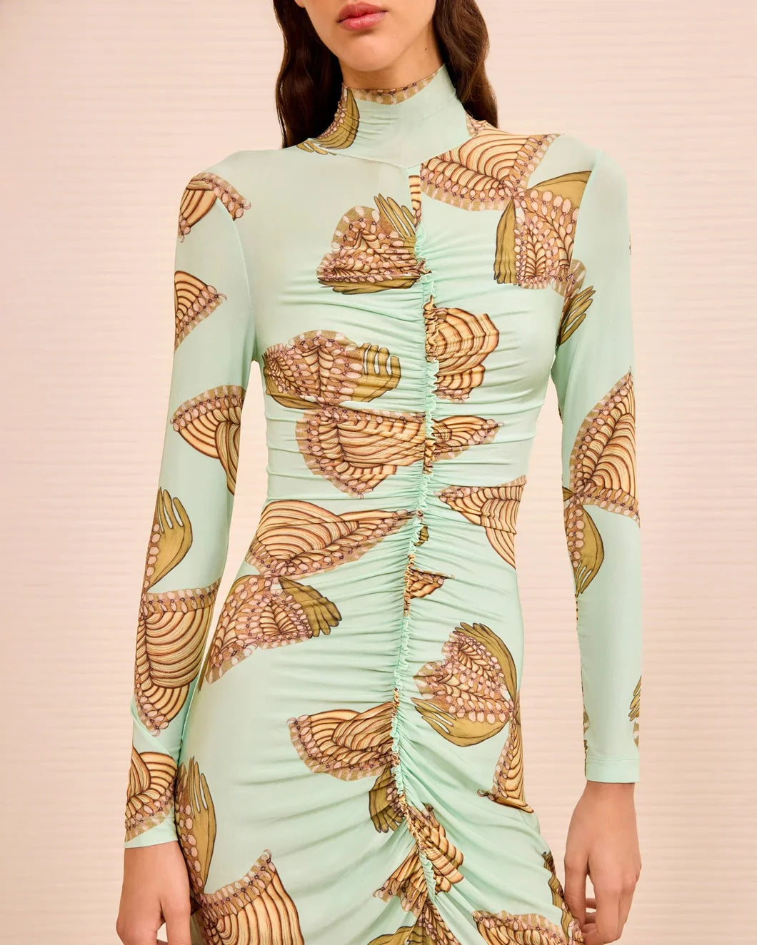 ULLA JOHNSON LS ruched turtleneck dress water blossoms on figure front