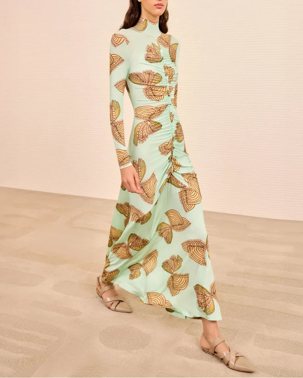 ULLA JOHNSON LS ruched turtleneck dress water blossoms on figure side