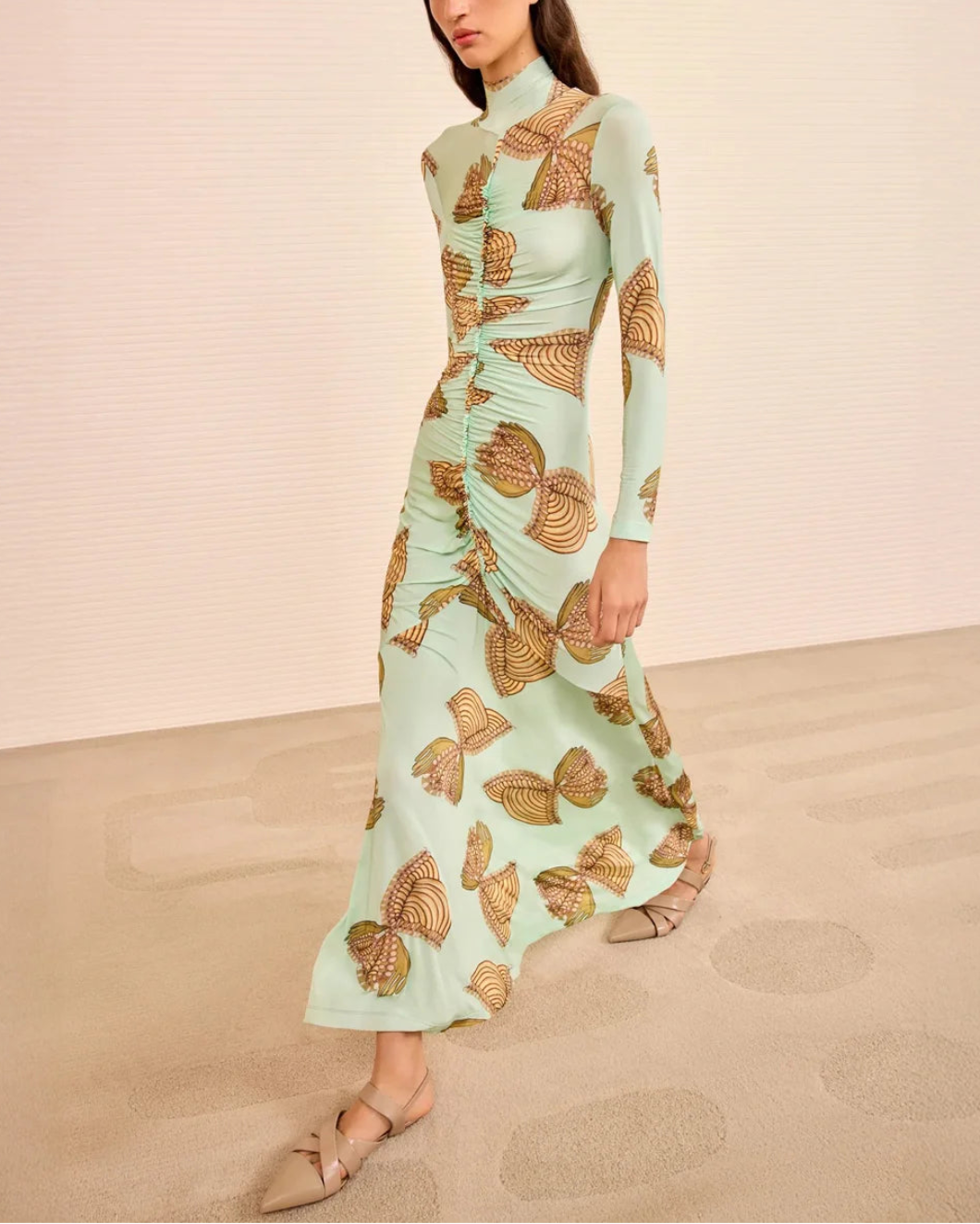 ULLA JOHNSON LS ruched turtleneck dress water blossoms on figure side