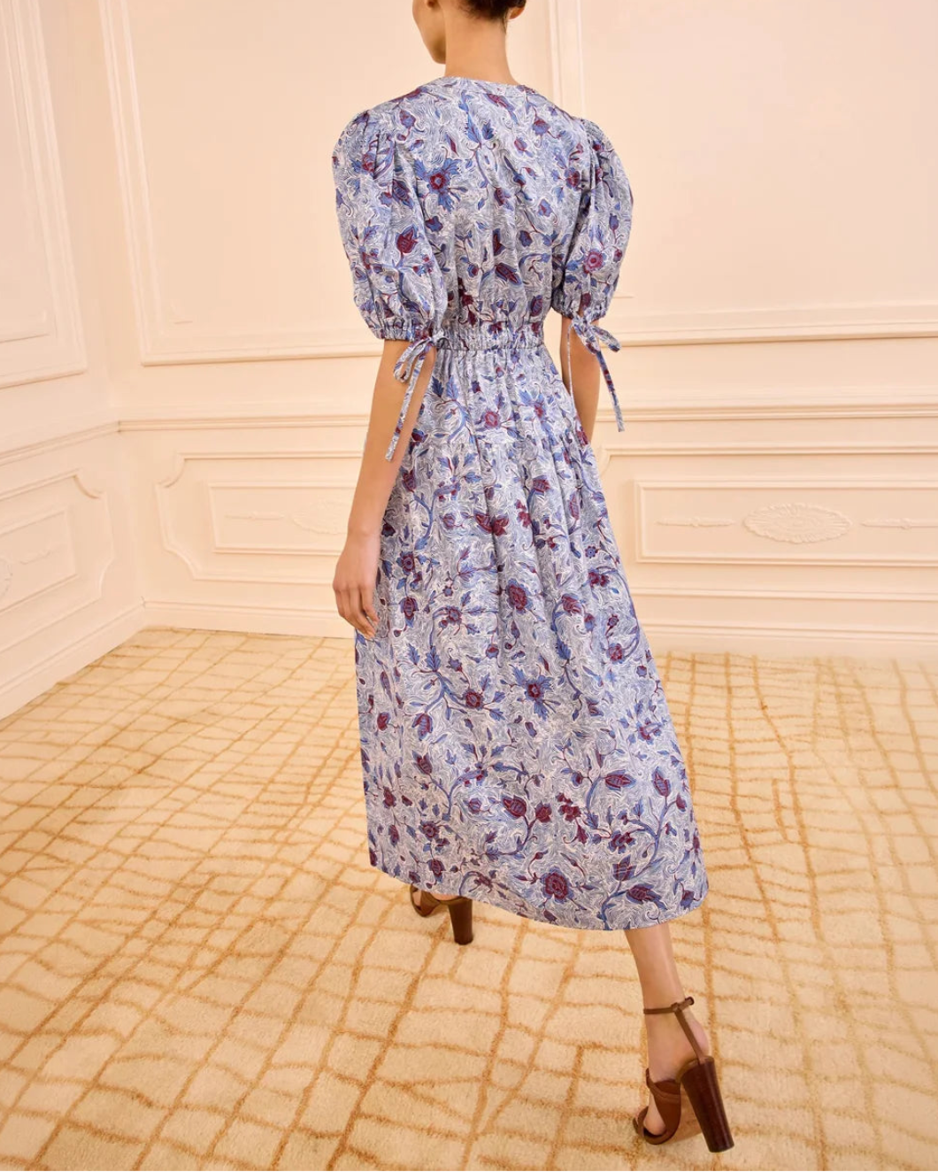 ULLA JOHNSON adriana short sleeve dress blue on figure back