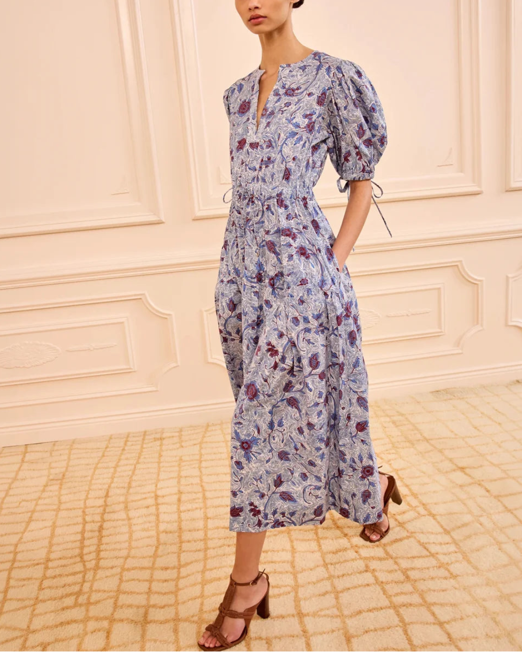 ULLA JOHNSON adriana short sleeve dress blue on figure front 1