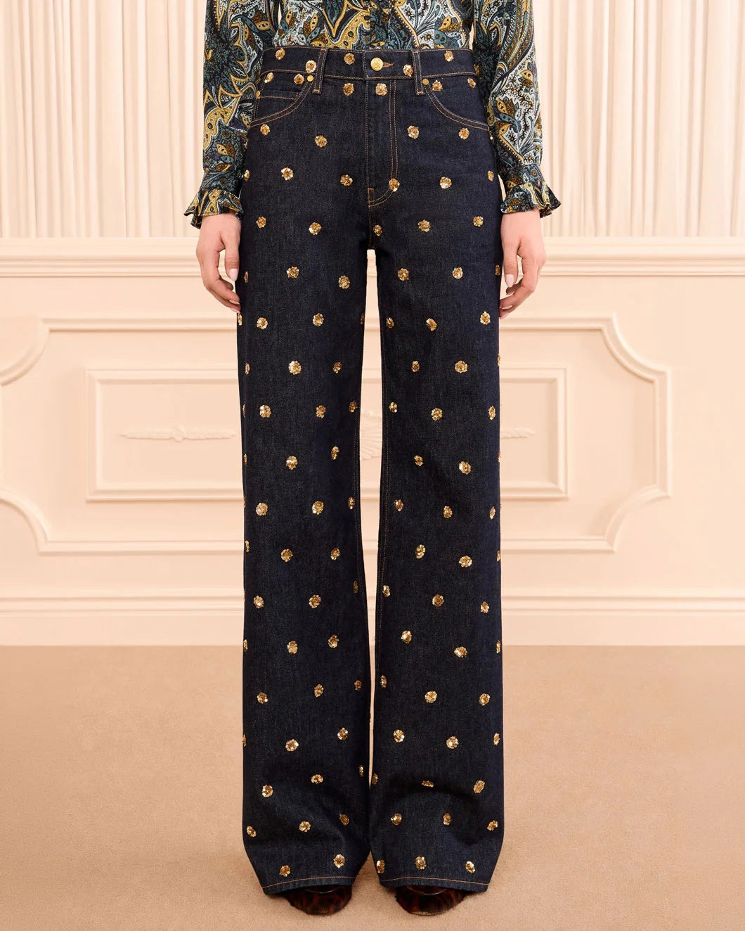 ULLA JOHNSON The Willow Embellished Wide Leg Jean on figure front
