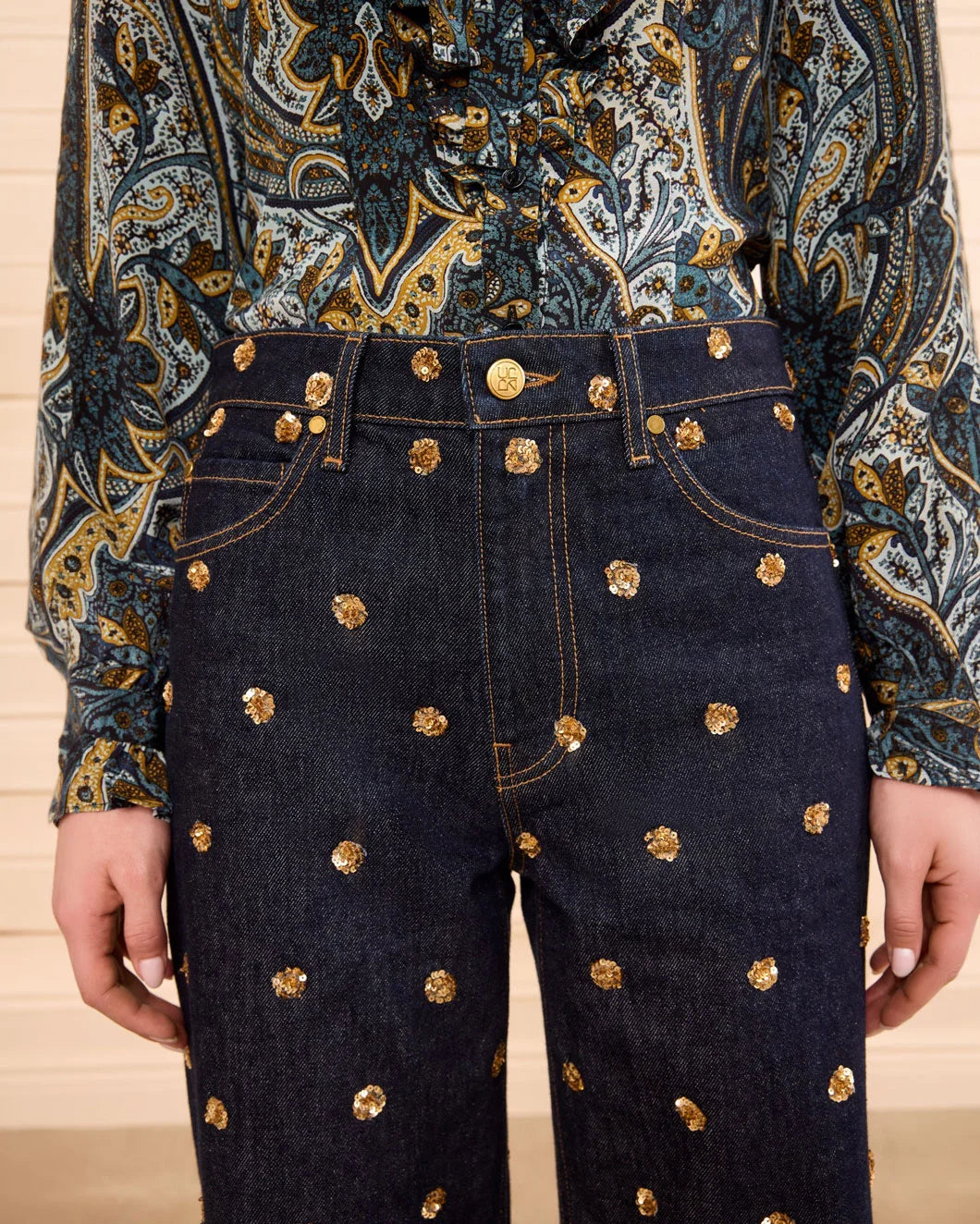 ULLA JOHNSON The Willow Embellished Wide Leg Jean on figure front detail