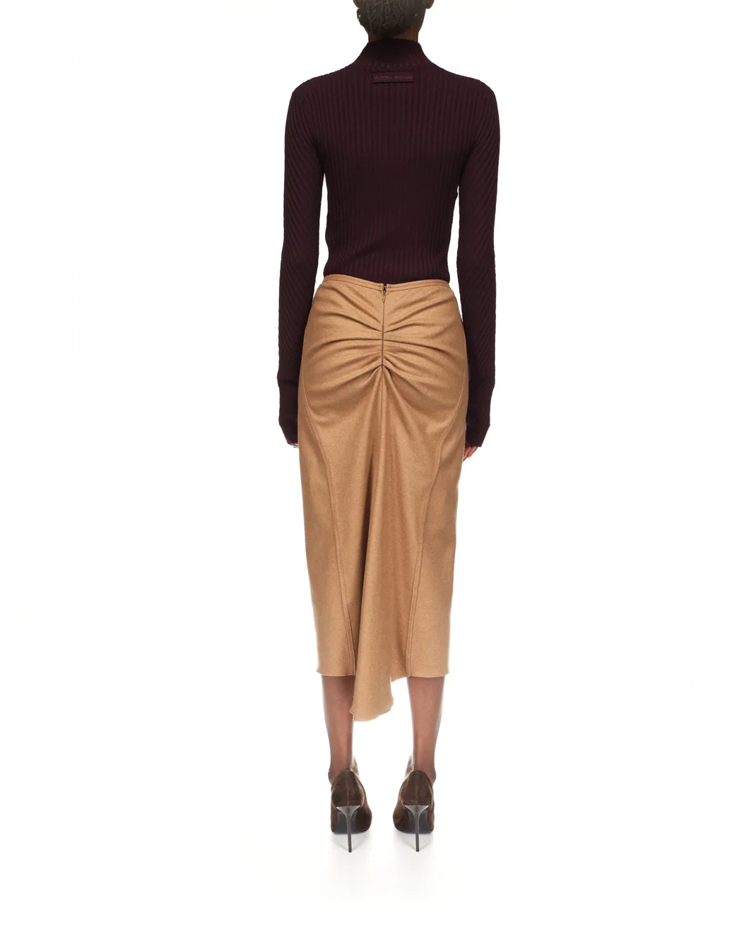 VICTORIA BECKHAM gathered waist midid skirt toffee melange on figure back