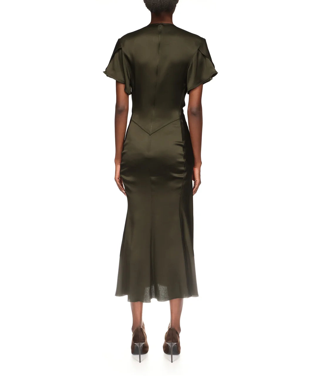 VICTORIA BECKHAM bela v neck midi dress olive green on figure back