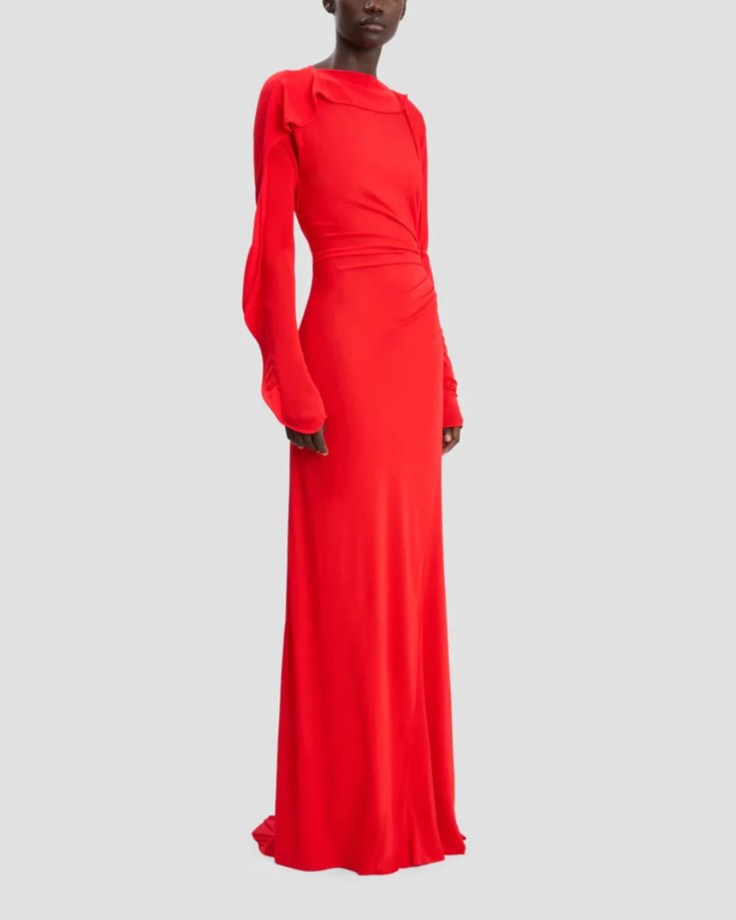 VICTORIA BECKHAM draped jersey gown cayenne on figure side