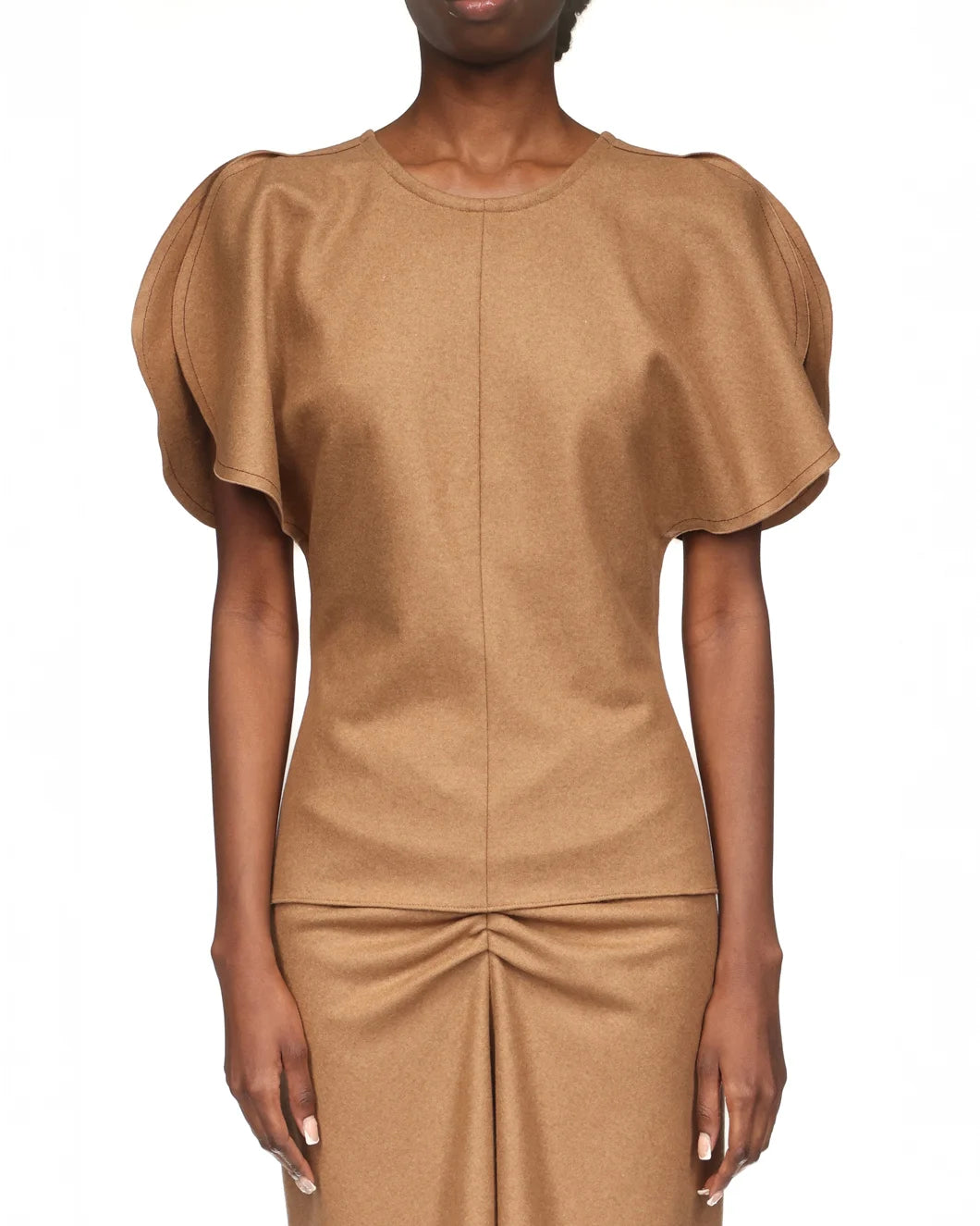 Victoria Beckham Draped Sleeve Top in Toffee Melange | SHOWROOM Victoria Beckham Draped Sleeve Top in Toffee Melange | SHOWROOM