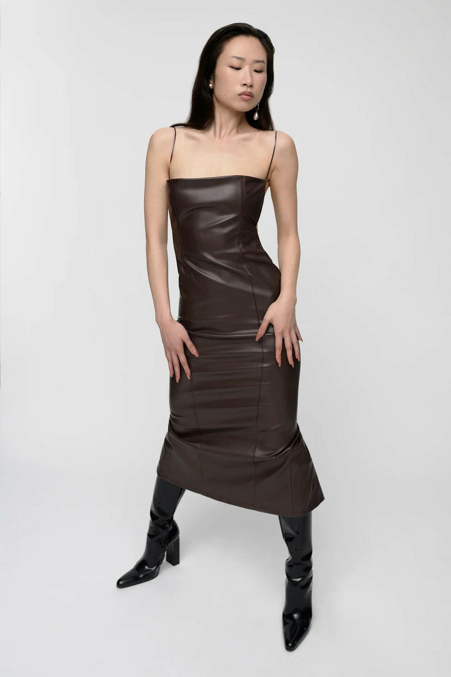 aaizel recycled vegan leather midi dress with open back brown figure front
