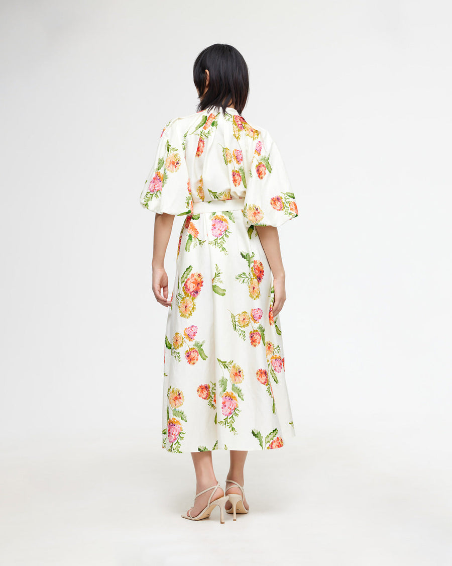 acler cranhurst midi dress banksia flowers and white on figure back