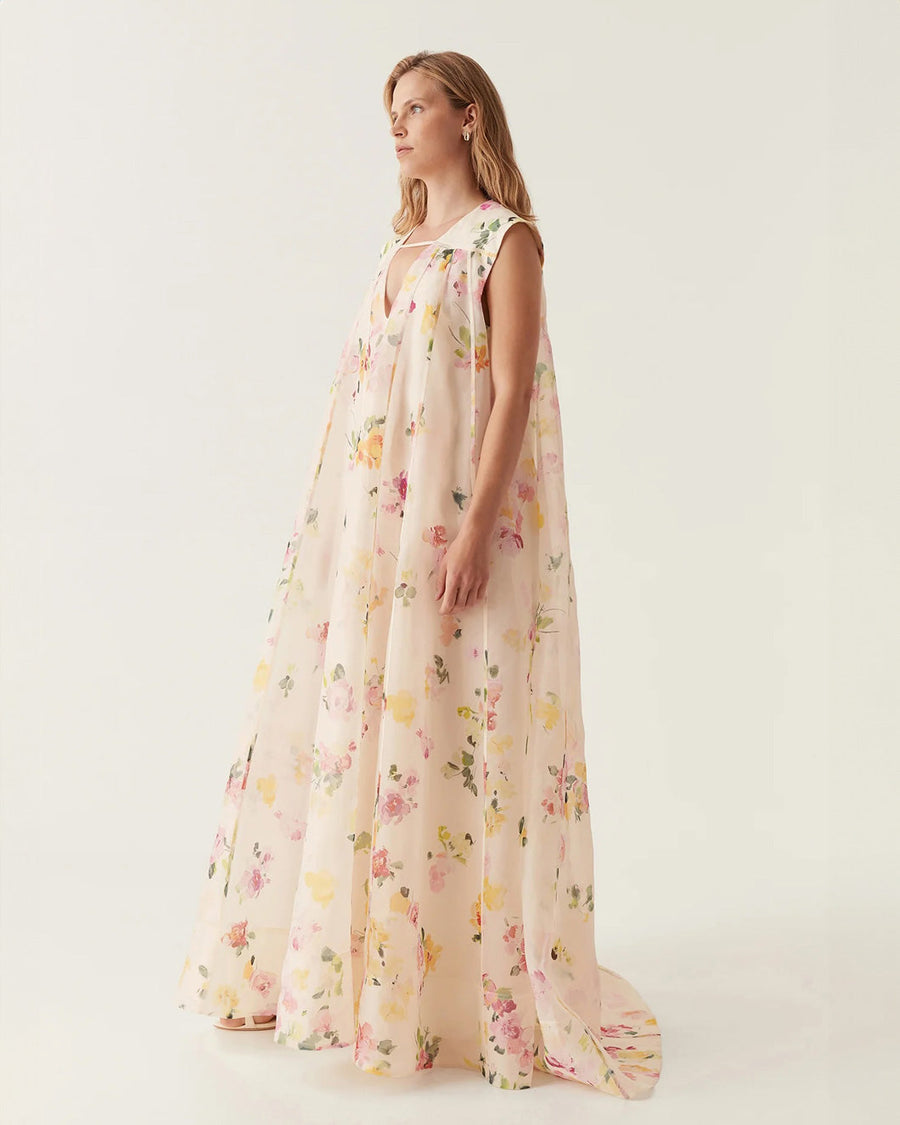 aje Earthen Trapeze Maxi Dress scattered floral white cream