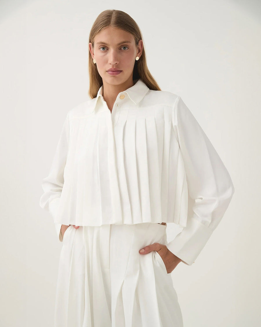 aje Estrade Pleated Crop Shirt ivory white on figure front