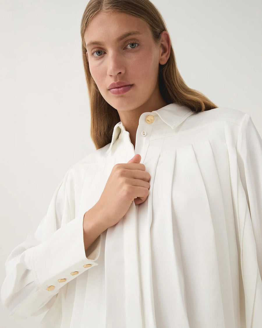 aje Estrade Pleated Crop Shirt ivory white on figure front detail