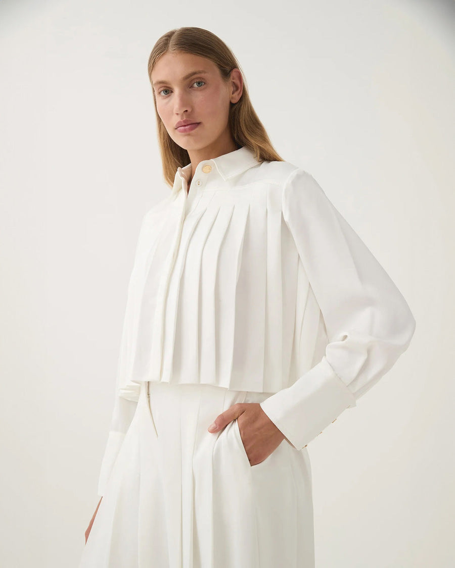 aje Estrade Pleated Crop Shirt ivory white on figure side