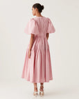aje fallingwater ruched midi dress chalk pink dress on figure back