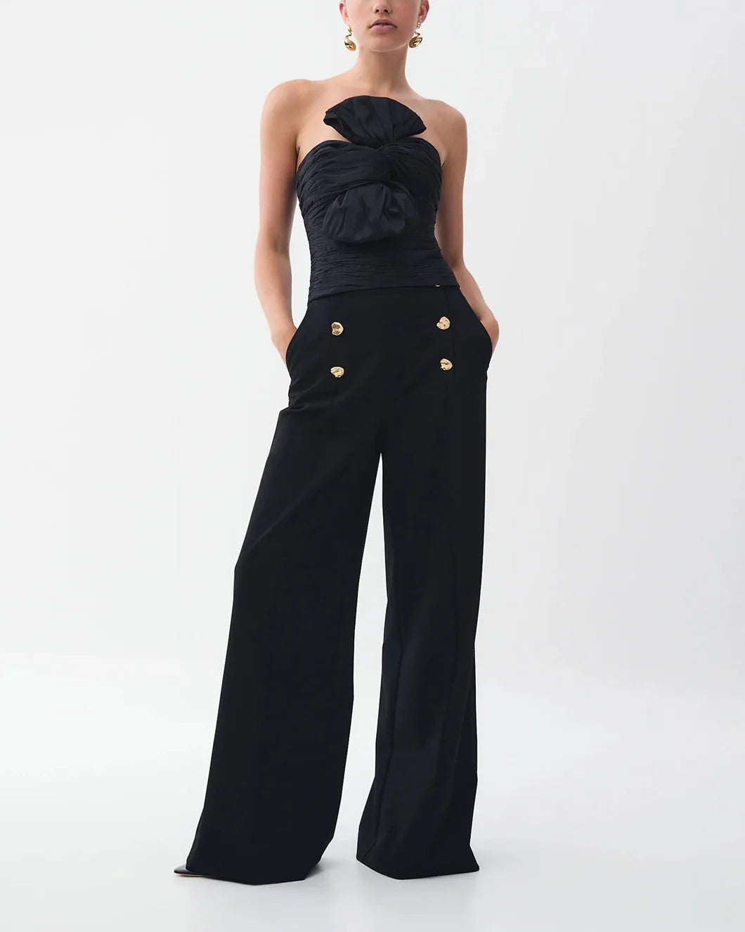 aje Gabrielle Pant black with gold button detail on model front lookbook