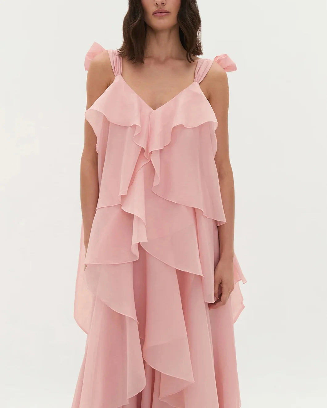 aje Gracie Maxi tiered ruffle Dress with tie straps in muted rose pink on model front view