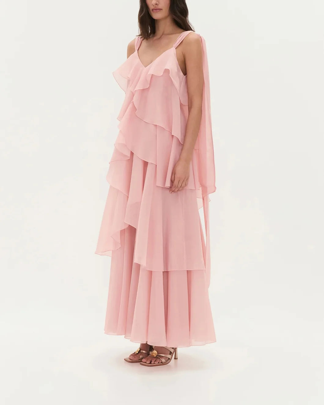 aje Gracie Maxi tiered ruffle Dress in muted rose pink on model side view