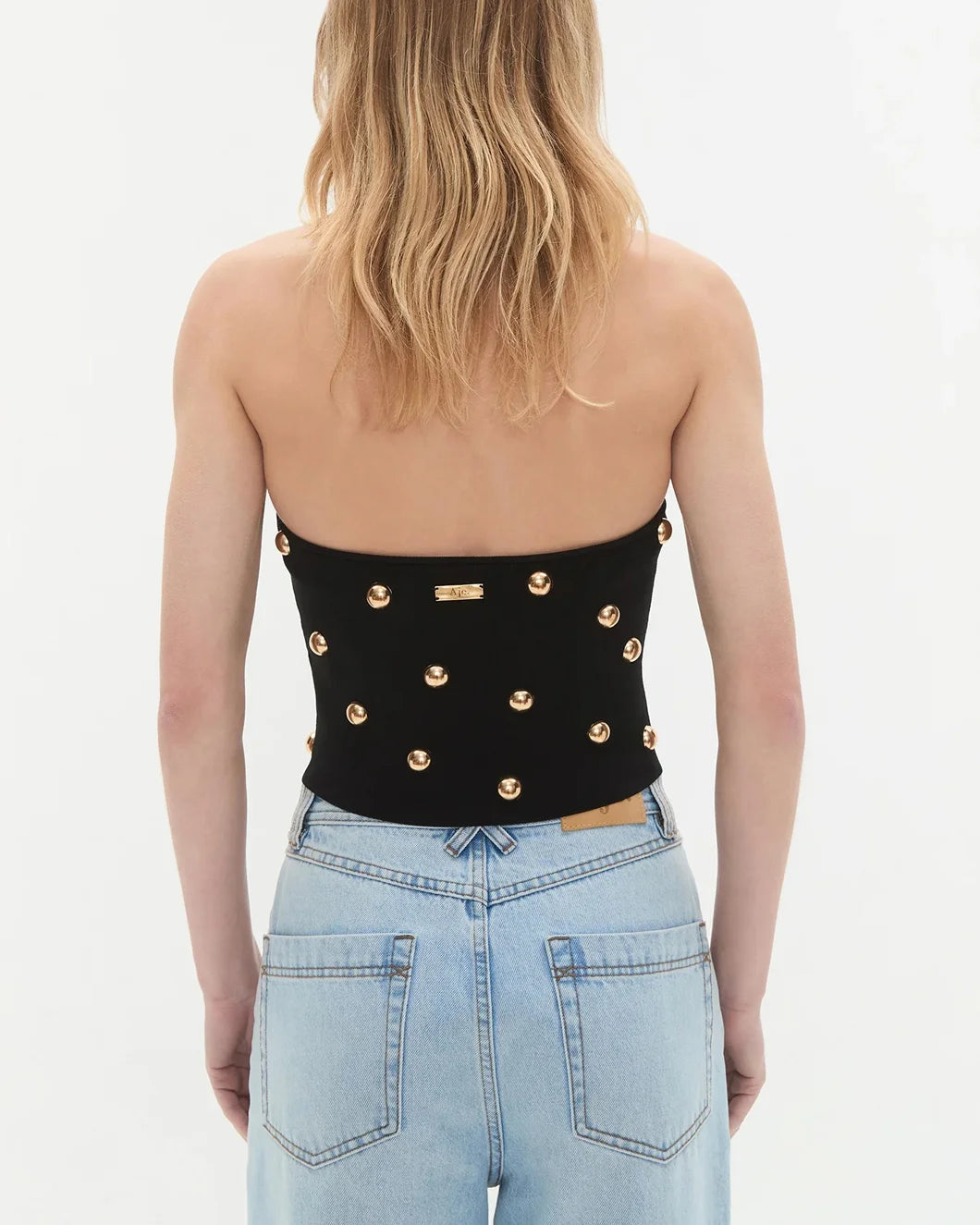 aje black Leah Knit Halter Top with gold button detail on model back