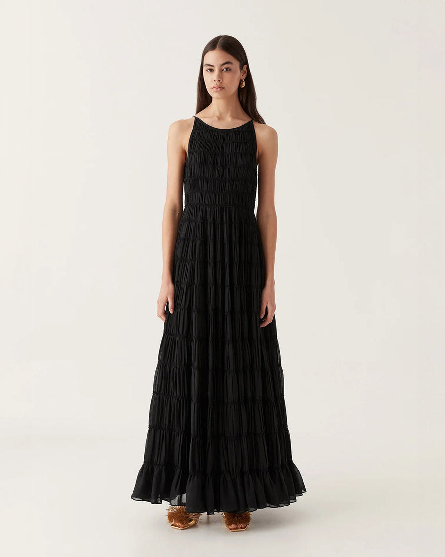 aje rosewood ruched gown black on figure front