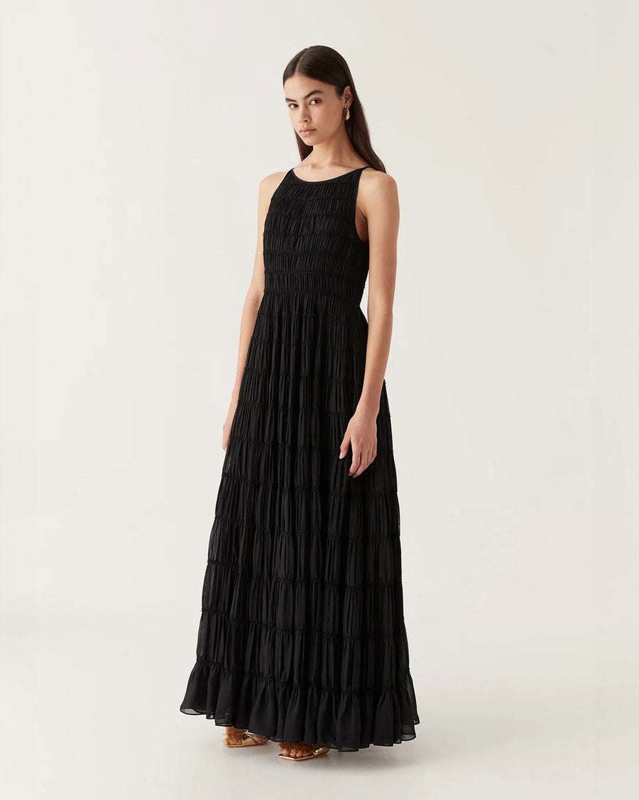 aje rosewood ruched gown black on figure side