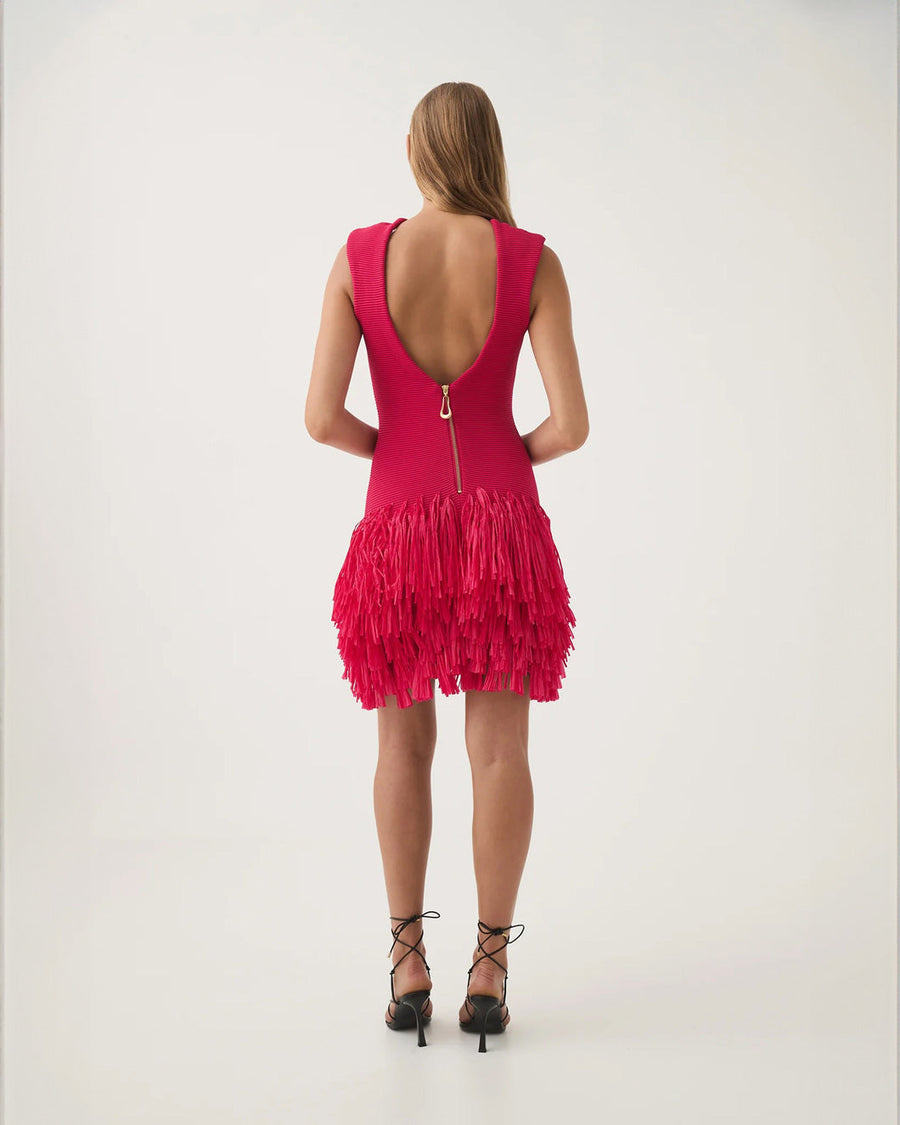 aje Rushes Fringe Knit Mini Dress fuschia pink on figure back