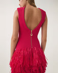 aje Rushes Fringe Knit Mini Dress fuschia pink on figure back detail