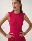 aje Rushes Fringe Knit Mini Dress fuschia pink on figure front detail