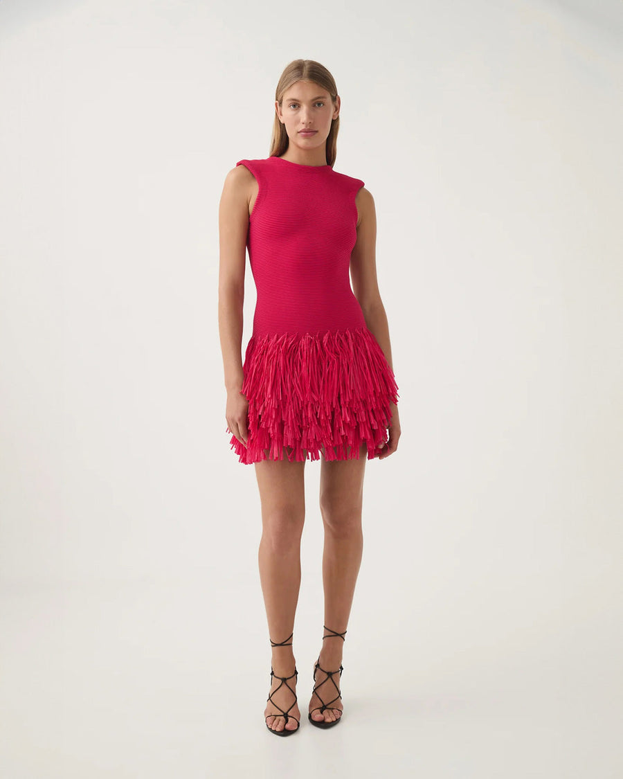 aje Rushes Fringe Knit Mini Dress fuschia pink on figure front