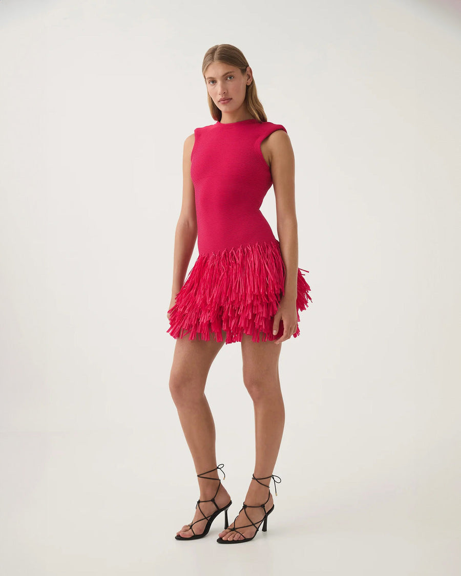 aje Rushes Fringe Knit Mini Dress fuschia pink on figure side