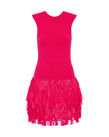 aje Rushes Fringe Knit Mini Dress fuschia pink