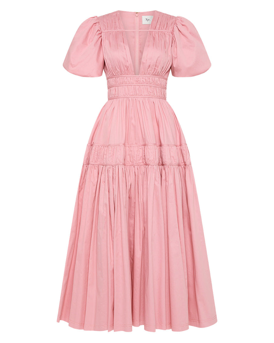 aje fallingwater ruched midi dress chalk pink dress on figure isolated
