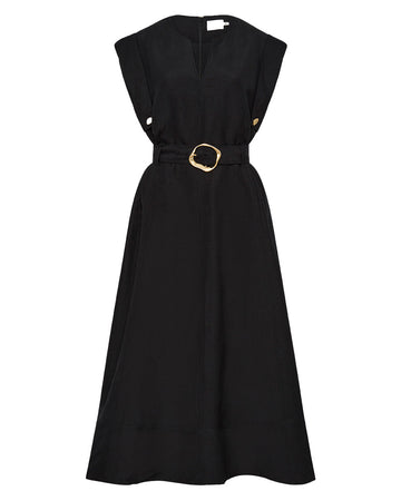 aje lyric belted midi dress black dress isolated