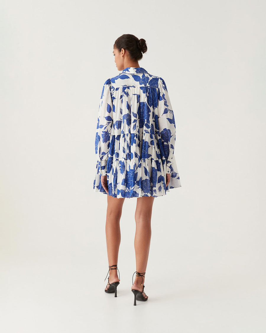aje Vie Voile Smock Mini Dress neo rose blue and white on figure back