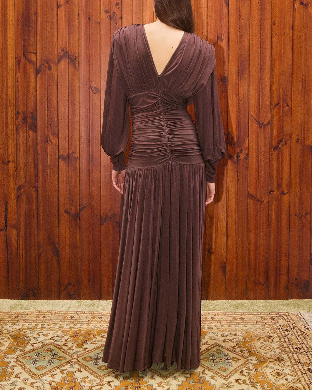 alemais sustainable dress gown silvio ruched midi dress on figure back