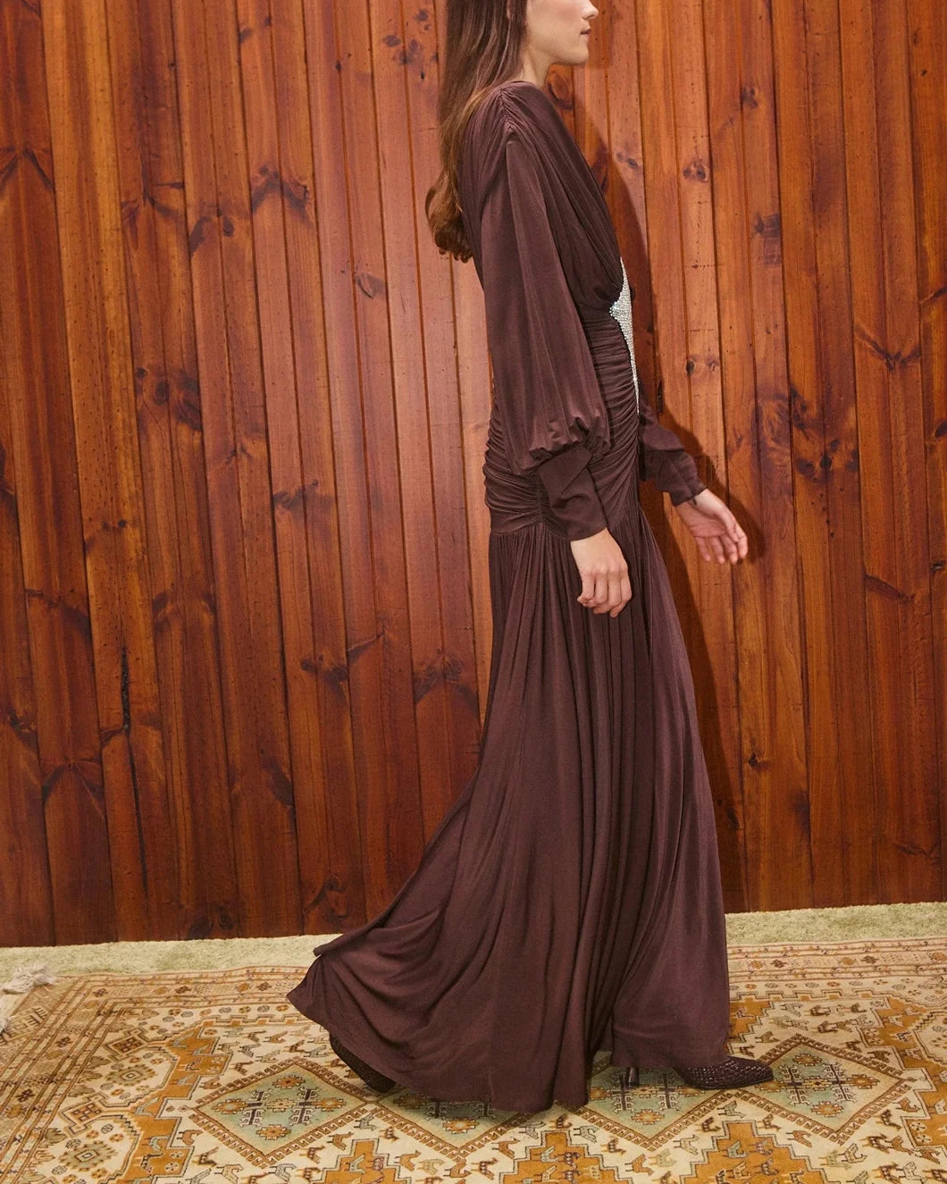 alemais sustainable dress gown silvio ruched midi dress on figure side