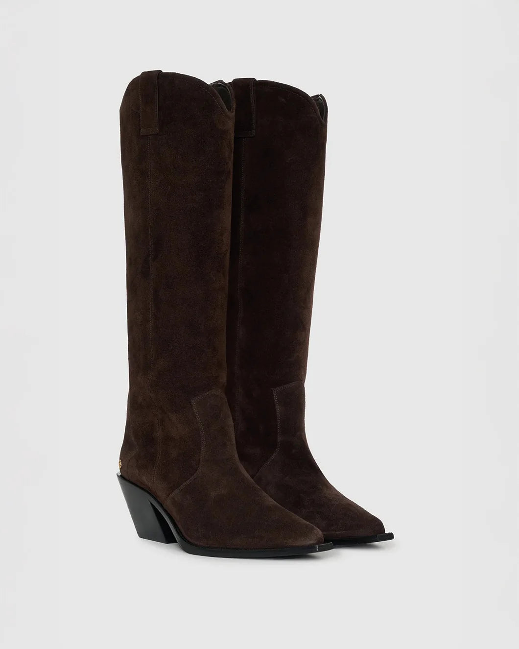 pair of anine bing tall tania western boots in dark brown suede shown from the side