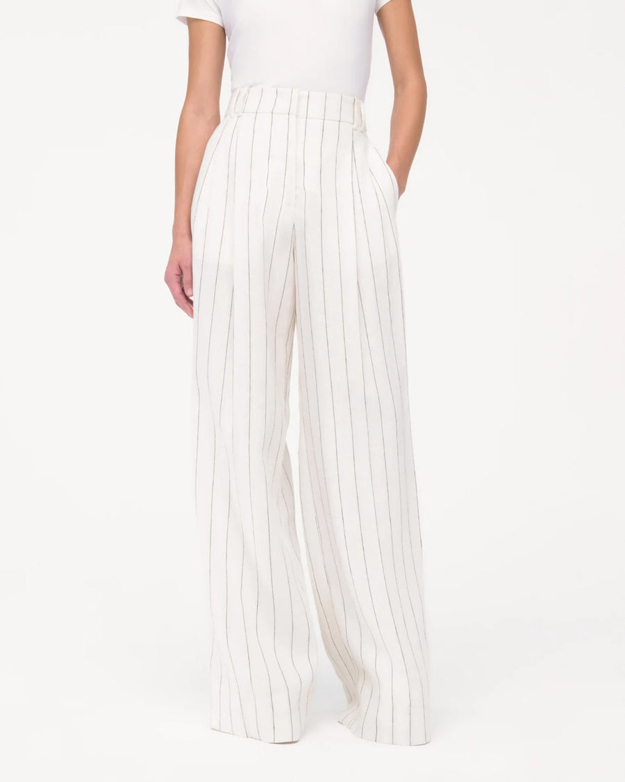 another tomorrow wide leg pleated trouser off white and black stripe on figure front
