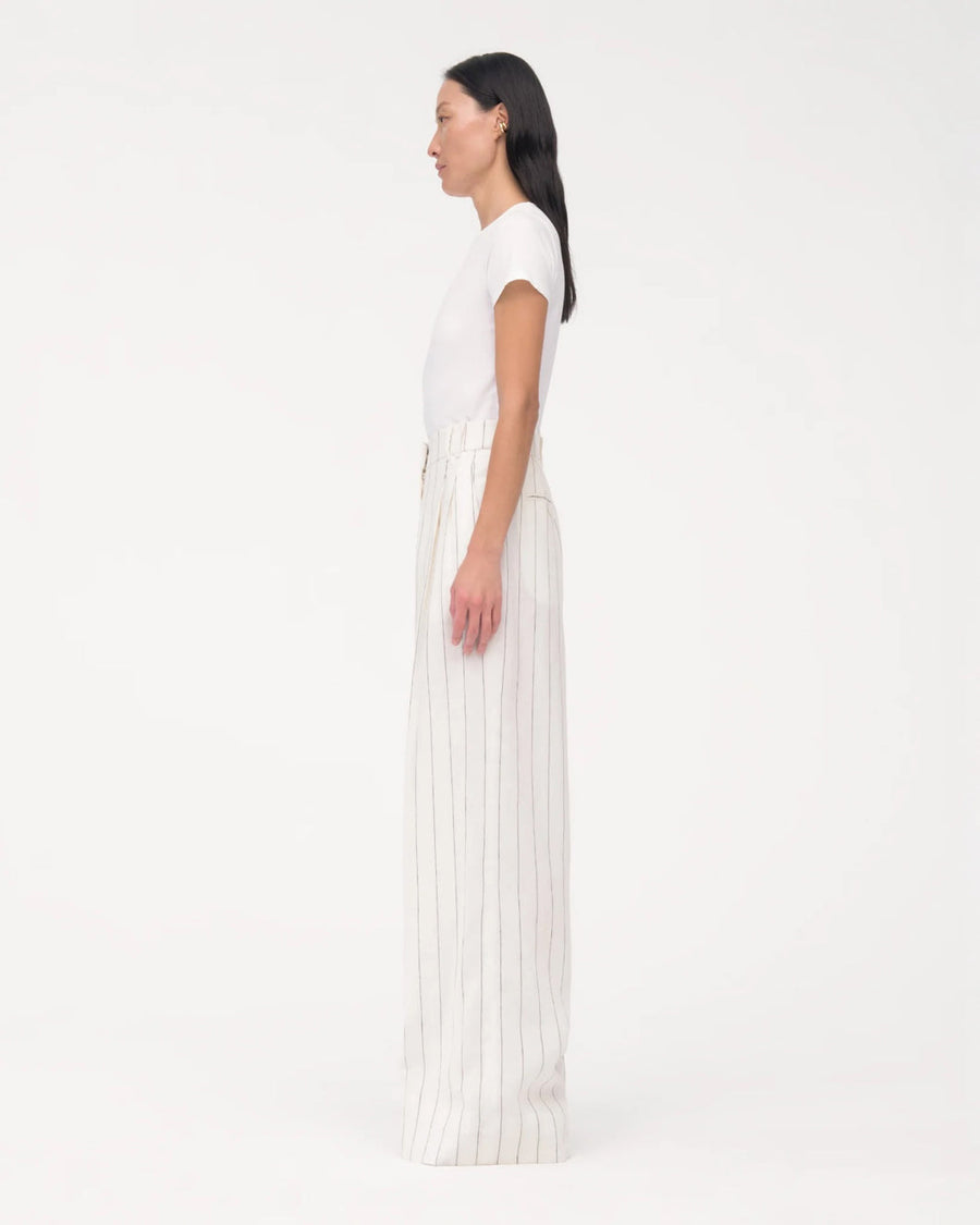 another tomorrow wide leg pleated trouser off white and black stripe on figure side