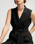 argent belted vest in seasonless wool black on figure front seated