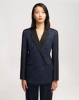 argent colorblocked double breasted blazer midnight and black on figure front