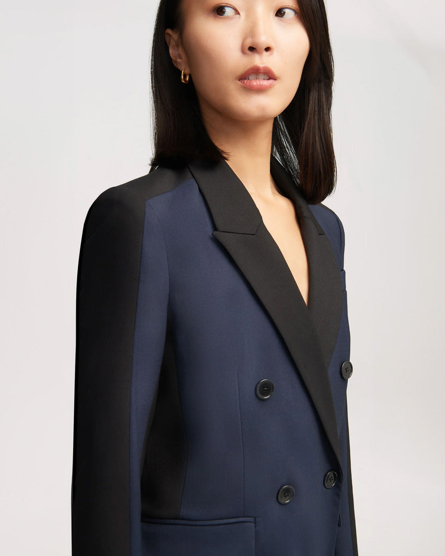argent colorblocked double breasted blazer midnight and black on figure side detail