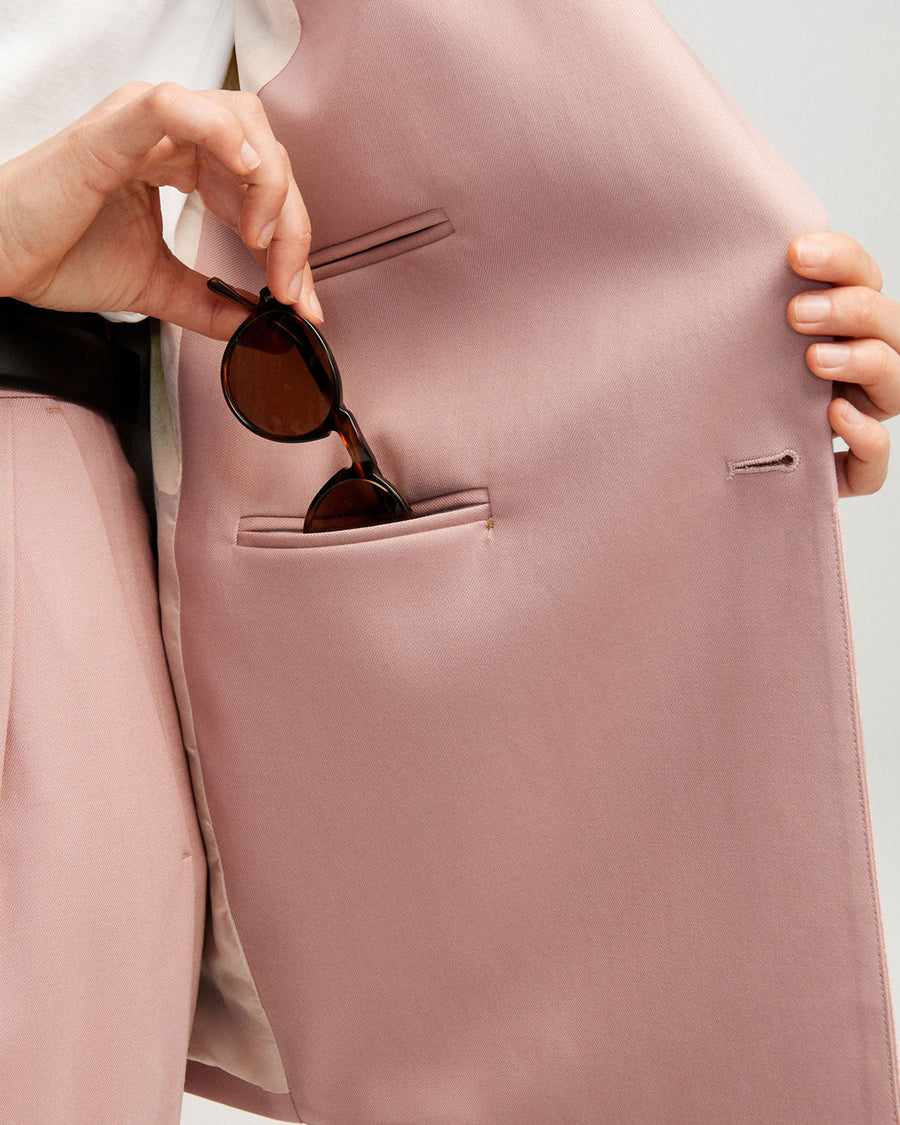 argent peak lapel blazer dusty pink on figure front pocket