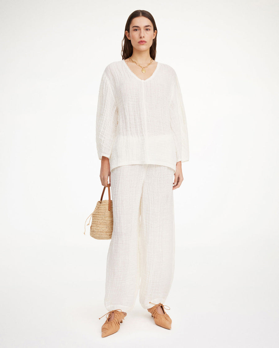 by malene birger mikala organic linen blouse white on figure front