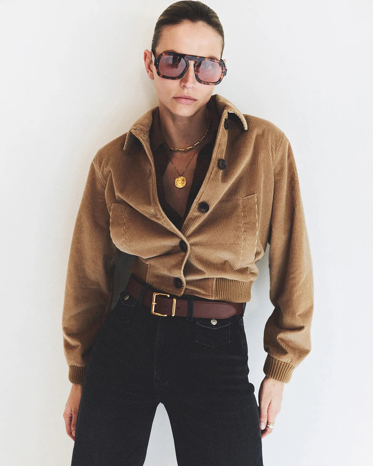 citizens of humanity Lola Eve Bomber in Amber brown on figure front view styled