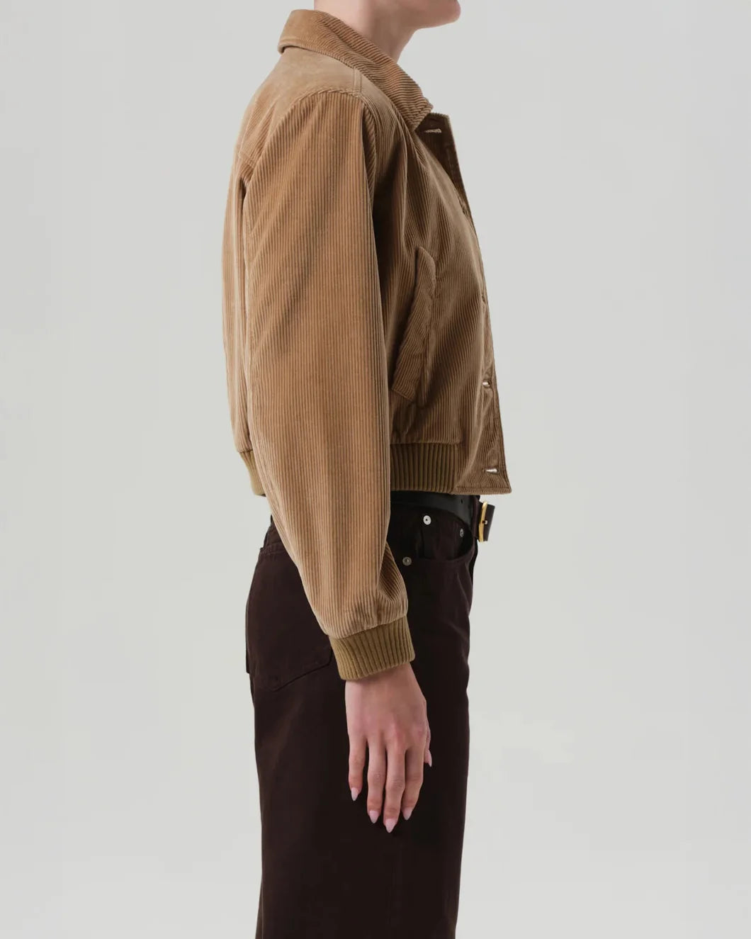 citizens of humanity Lola Eve Bomber in Amber brown on figure side