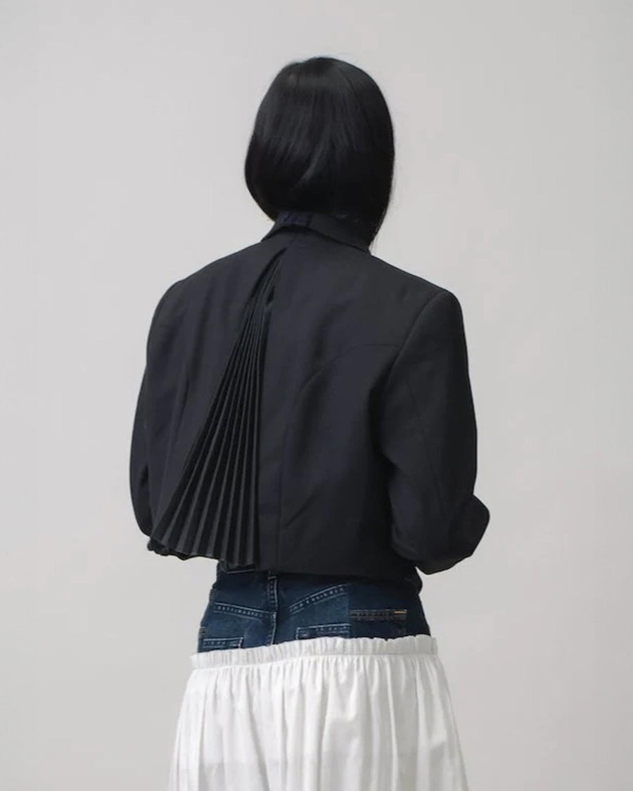 elv denim oversized pleated tux jacket black on figure front